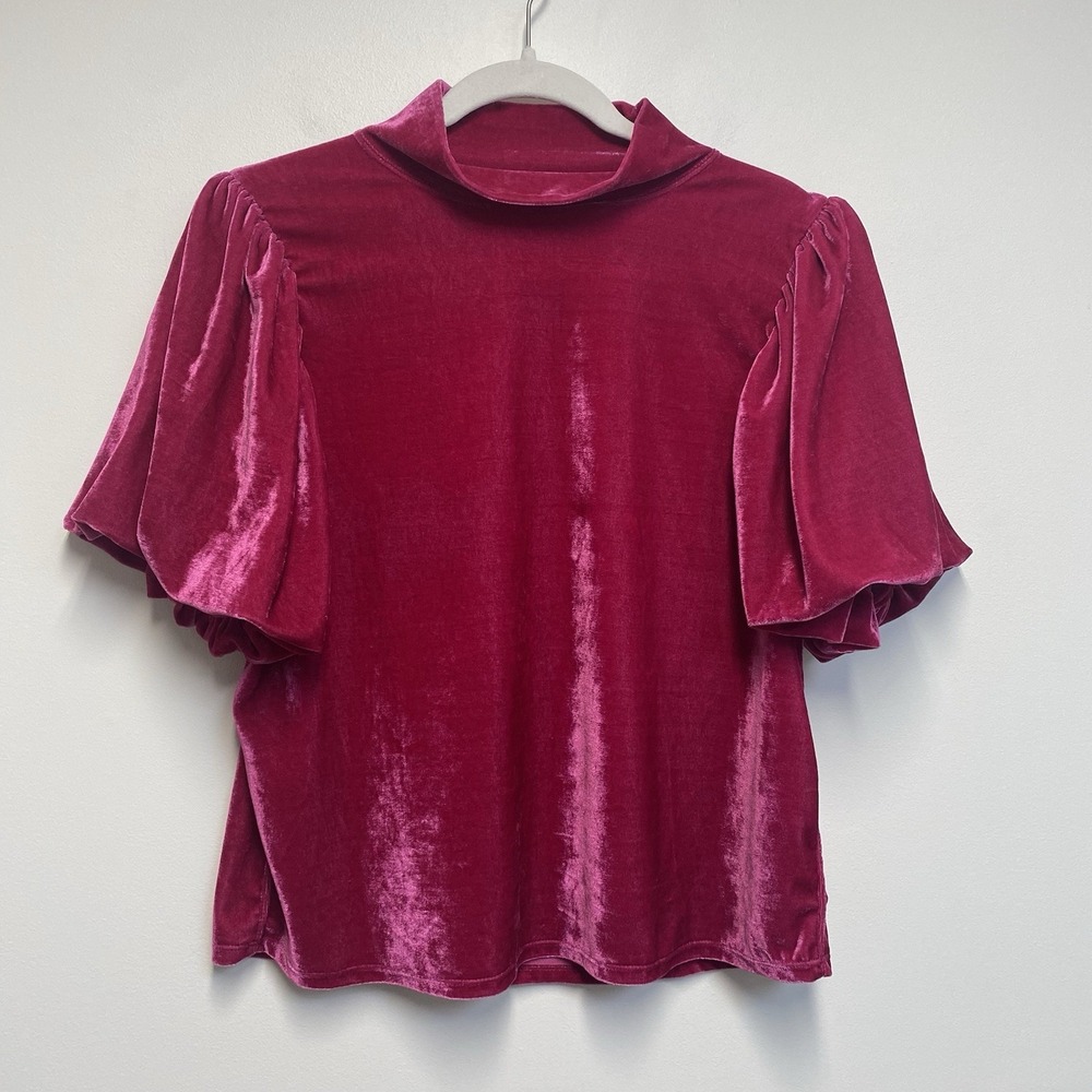Free People Velvet‎ Puff Sleeve Claudia Top Size Large Fuschia Pink